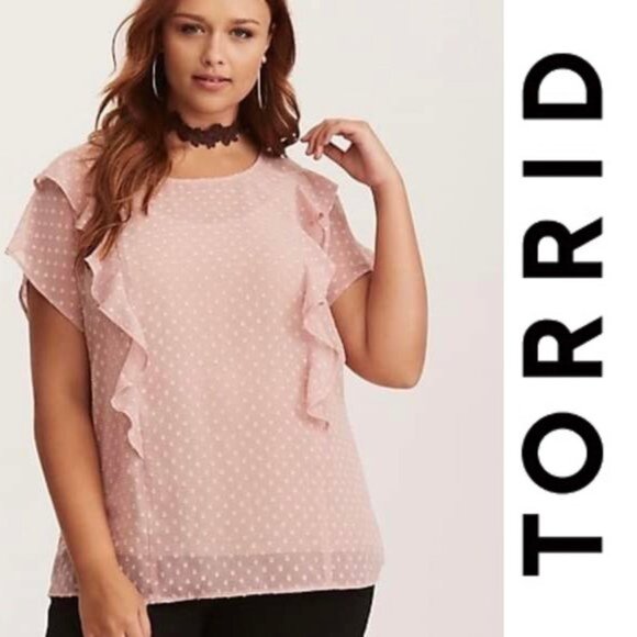 Torrid | Peach Swiss Dot Front Ruffle Chiffon Blouse | Size 0 - Picture 1 of 11